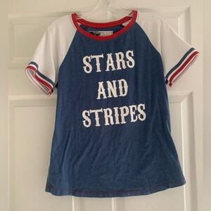 Natural Reflections Blue Raglan Tee with White Sleeves & Red Trim Medium